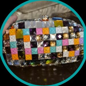 Geometric Mosaic Crystal/Minaudere Hard Shell Clutch w/Kisslock Clasp & Chain